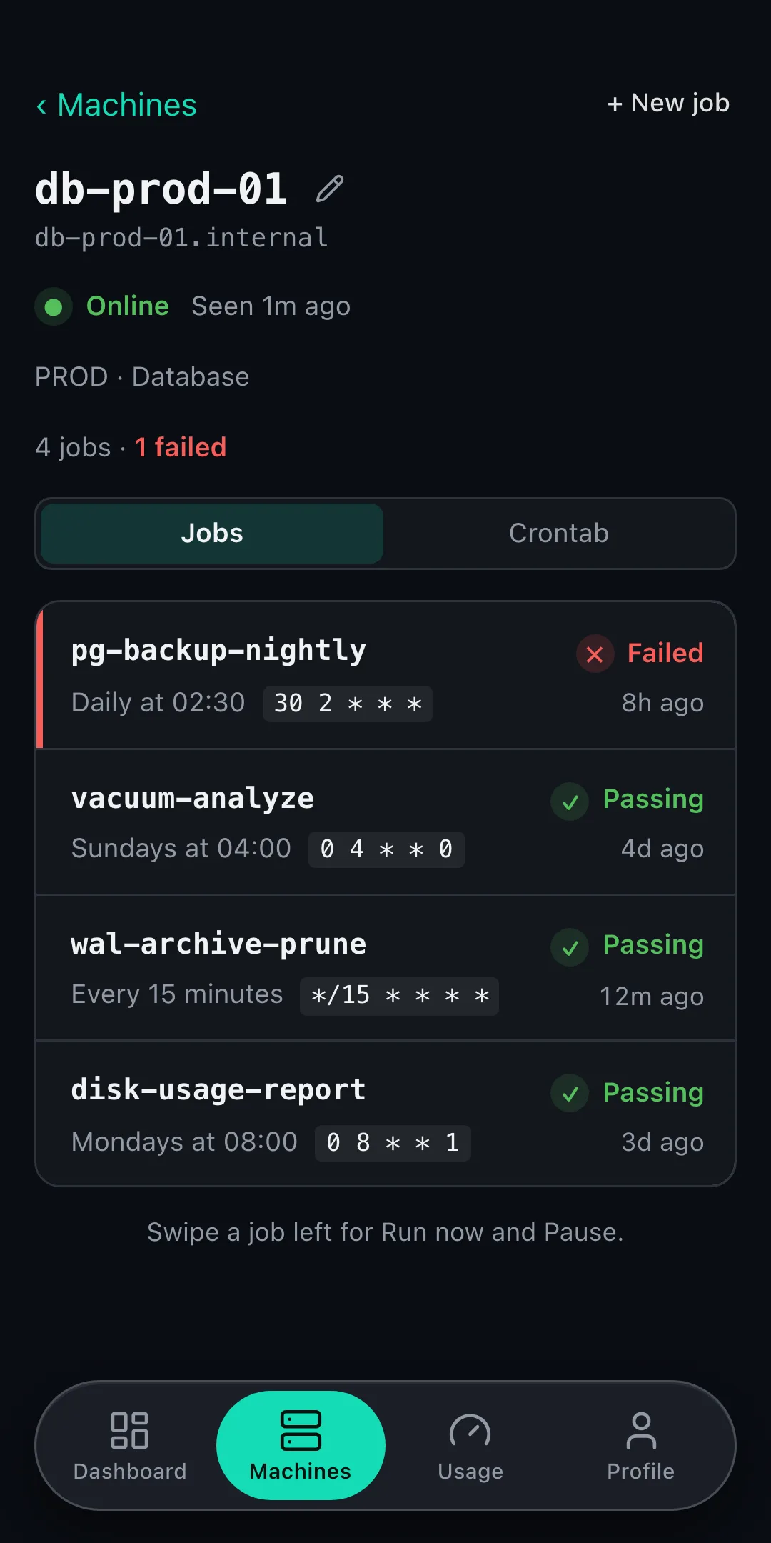 norc on Android: the db-prod-01 machine with four cron jobs, their schedules and last-run status, with pg-backup-nightly failing