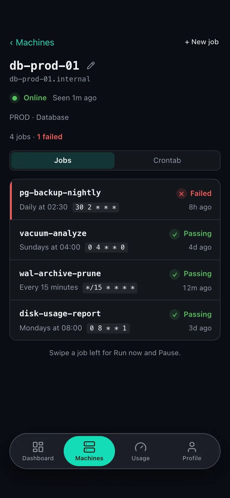 norc on iPhone: the db-prod-01 machine with four cron jobs, their schedules and last-run status, with pg-backup-nightly failing
